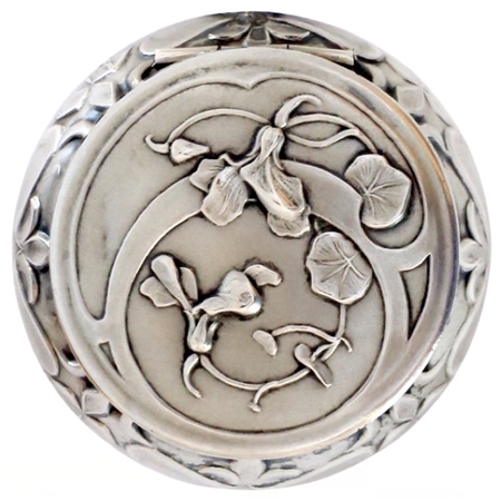 Sterling Silver 19th Century Patch Box with Cyclamen Flowers and Leaves on Front and Back