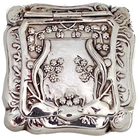 Sprigs of Delicate Embossed Plum Blossoms Adorn Antique Art Nouveau Sterling Silver Case