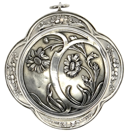 Stunning: One-of-a-Kind Sterling  Silver Art Nouveau Quatrefoil French Patch Box with Embossed Marigolds and Leaves