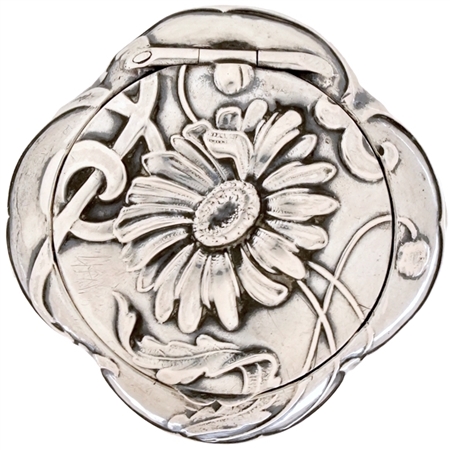 Embossed Singular Marigold Flower and Leaves Decorate Sterling Silver  Art Nouveau Quatrefoil French Patch Box