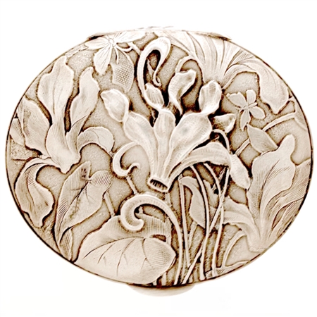 Stunning Huguenin RepoussÃ© Cyclamen  and Butterflies on Antique (1800's)  Sterling Silver Swiss Patch Box  One of a Kind!