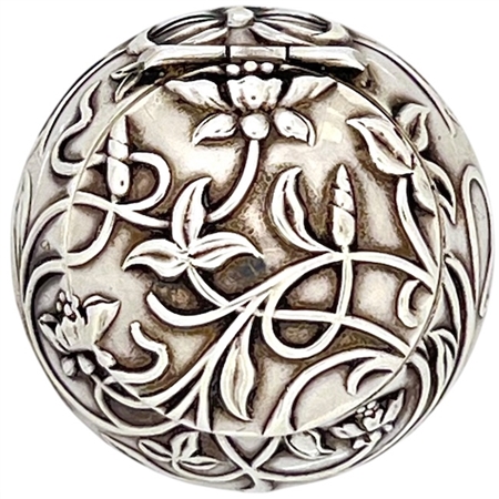 Sterling Silver 1904 Antique  English Patch Box  with Embossed Flowers and Vines By Adie and Lovekin