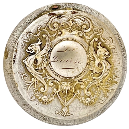 Beautifully Embossed Chimeras and Mask on Charming French Antique (1900) Silver Plate Patch Box